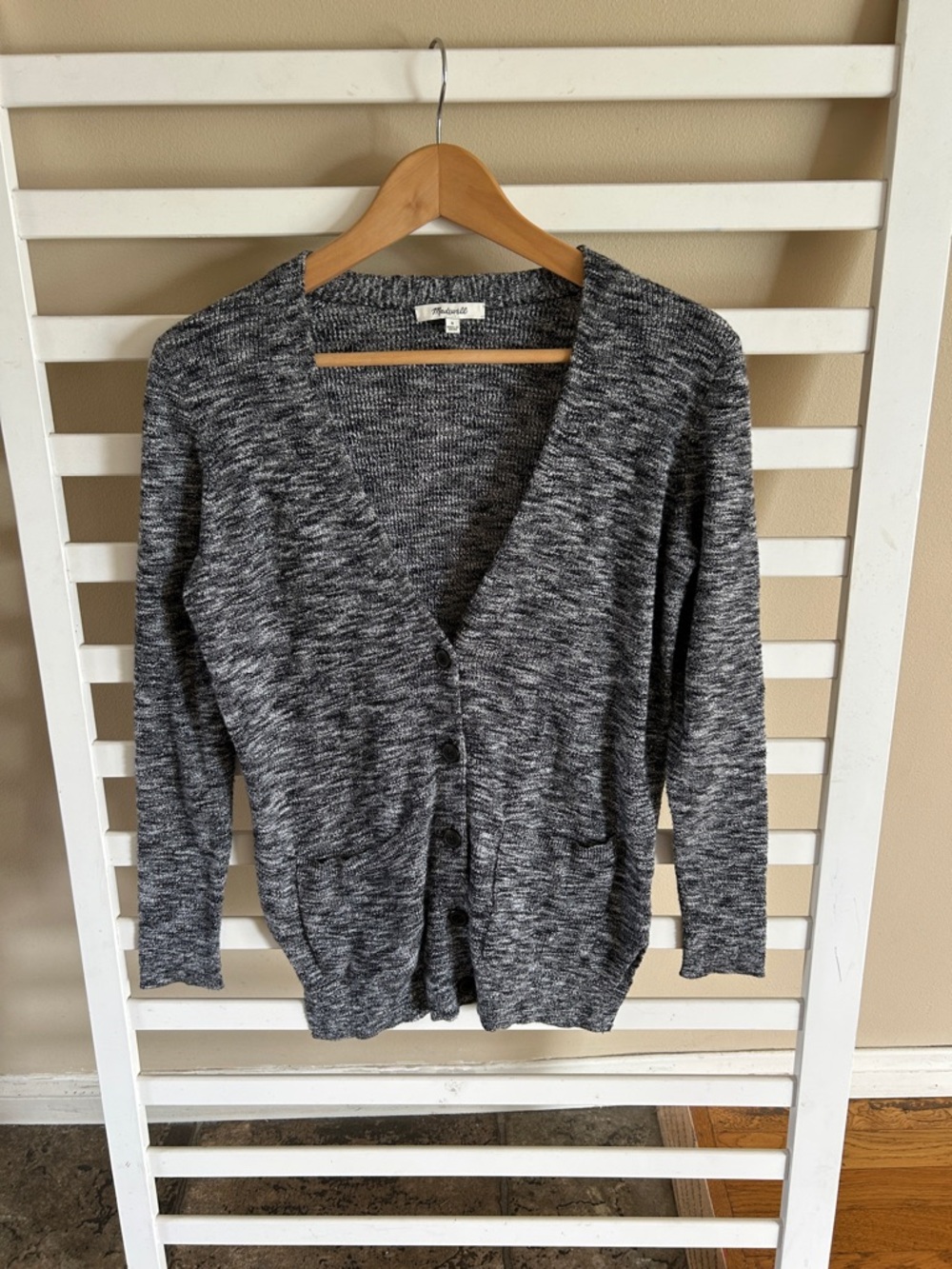 Madewell Fieldwalk Button Front Black White Marled V-Neck Cotton Cardigan Small